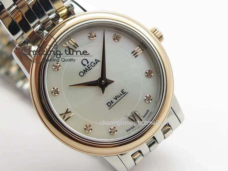 0426 De Ville 27mm SS RG Ladies MK 1:1 Best Edition White MOP Dial Diamond Markers On SS Bracelet Ronda Quartz Chic 8198